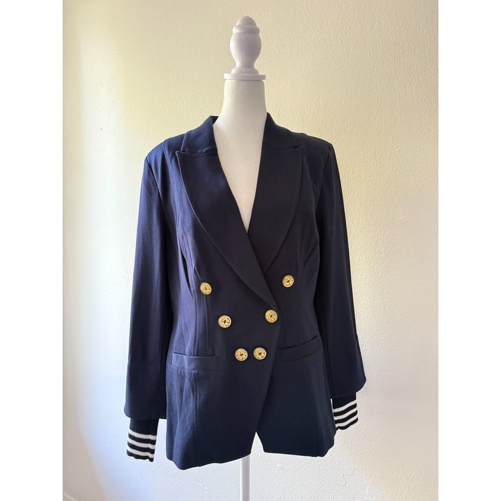 Cabi Grand Slam Blazer Jacket Women's 8 Navy Blue‎ Striped Cuffs Double Breasted